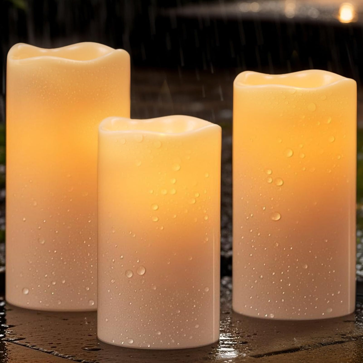 Wondise outdoor IP65 solar candles glowing softly for patio ambience after dusk.