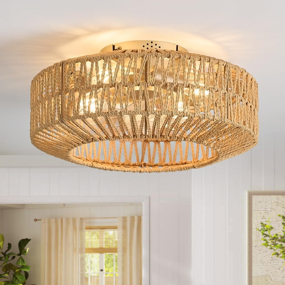 WONGU boho rattan fandelier with light for coastal style and safe enclosed design.