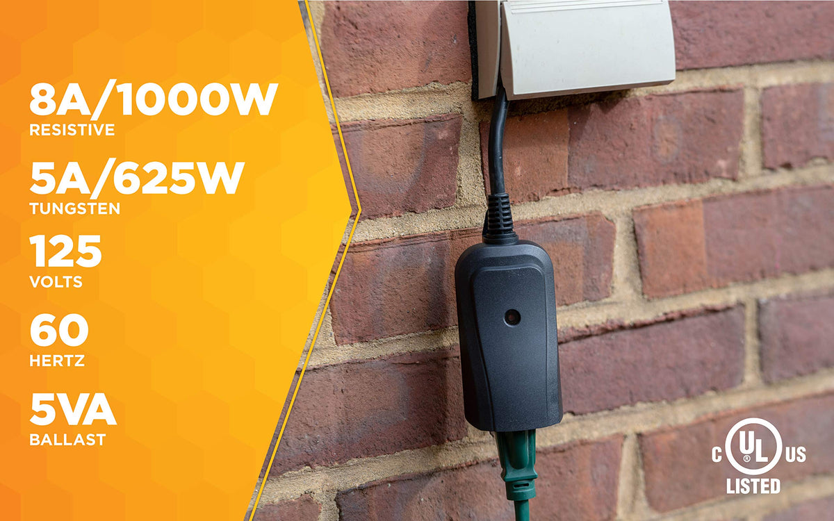 Woods black weatherproof outlet suited for rugged exterior spaces.