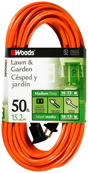 Woods extension cord orange 50ft with molded plug for outdoor landscaping tasks.