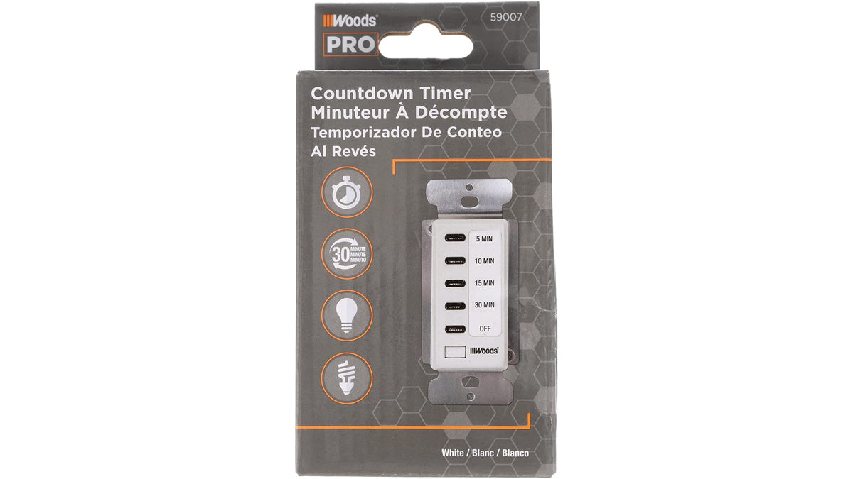 Woods in-wall timer in Decora style showing 30-minute countdown for lighting control