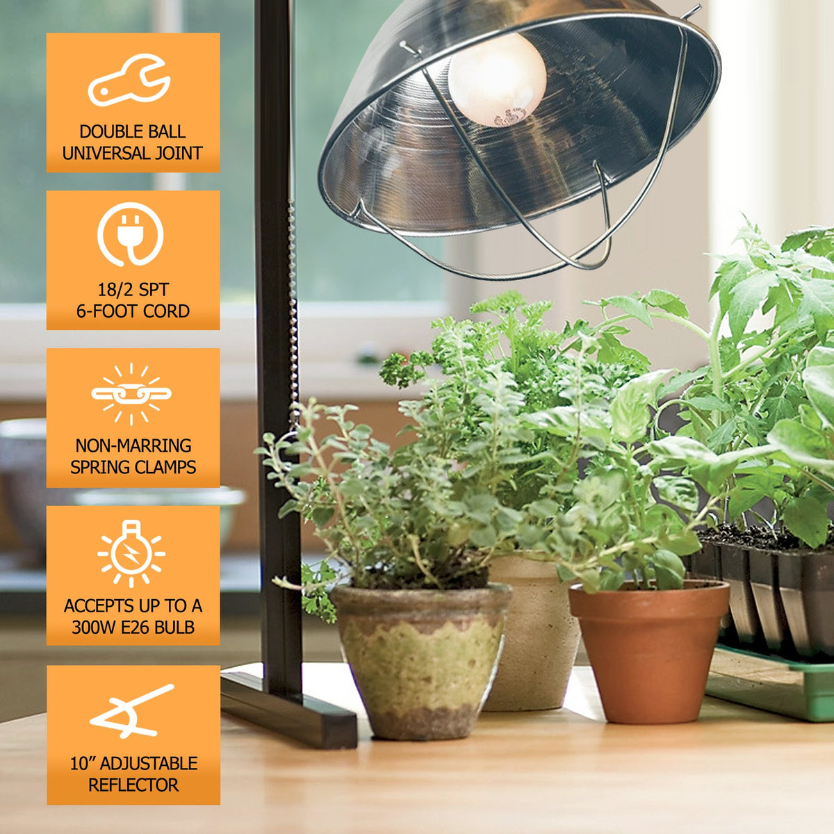 Woods clamp lamp features non-marring grips to prevent surface marks.