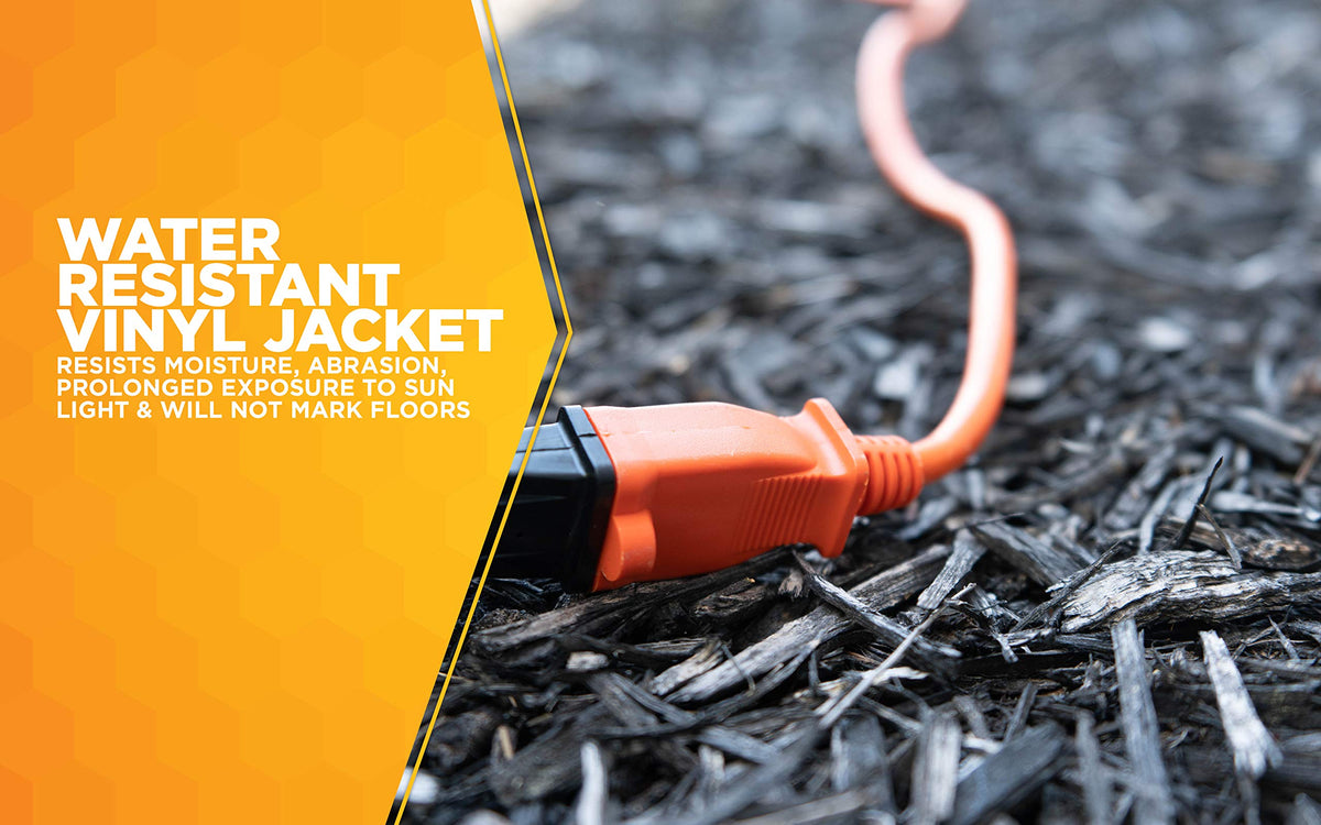 Woods molded plug with heavy-duty strain relief for durability.