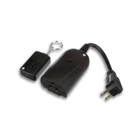 Woods weatherproof outdoor outlet with a 6-inch grounded cord for safe operation.