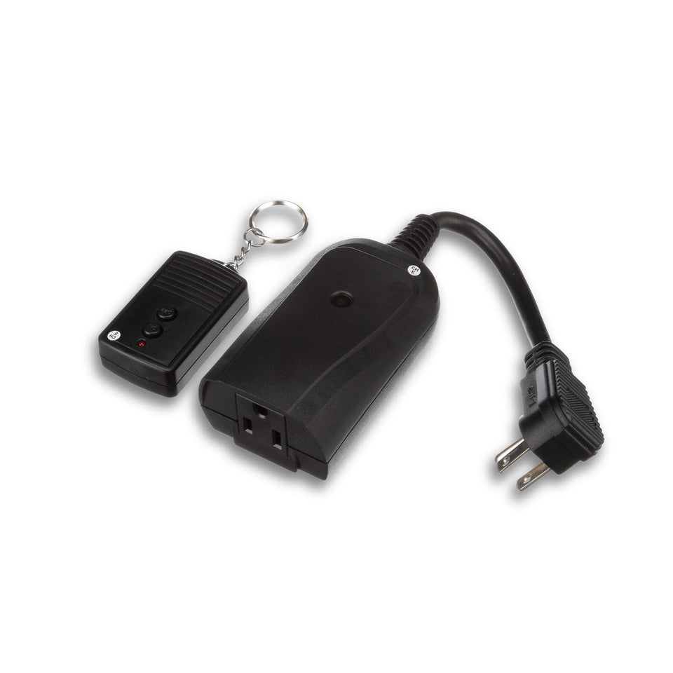 Woods weatherproof outdoor outlet with a 6-inch grounded cord for safe operation.