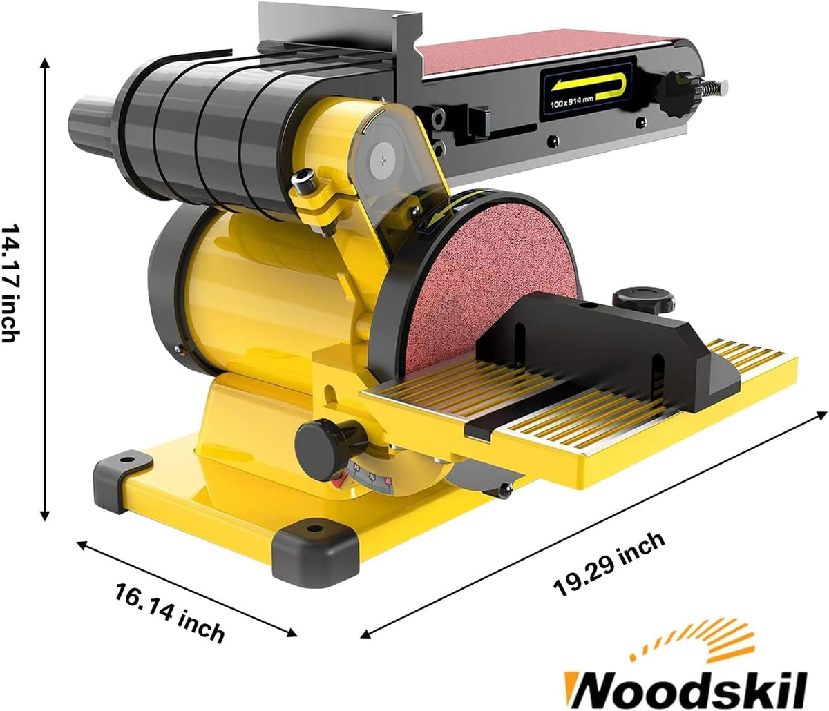 Woodskil Belt Sander tilt angle enables precise edge work.