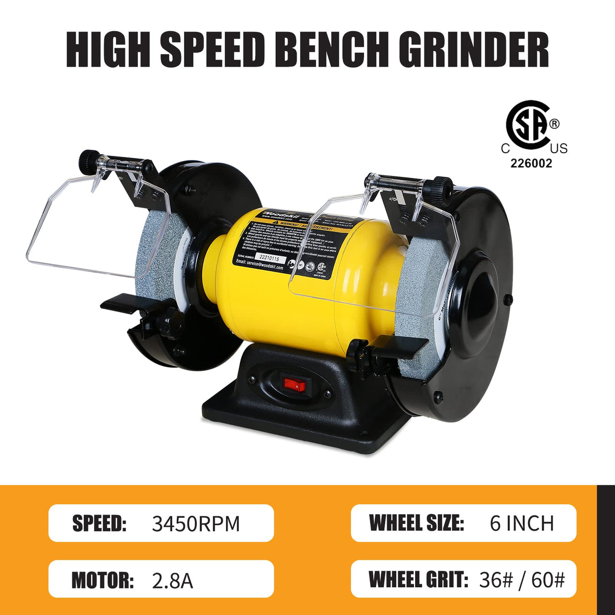 Woodskil bench grinder motor showcases 2.8A power for fast sharpening