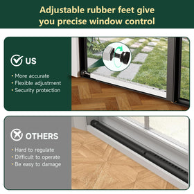 WooFog heavy-duty window lock bar with rubber feet stabilizes the sash.