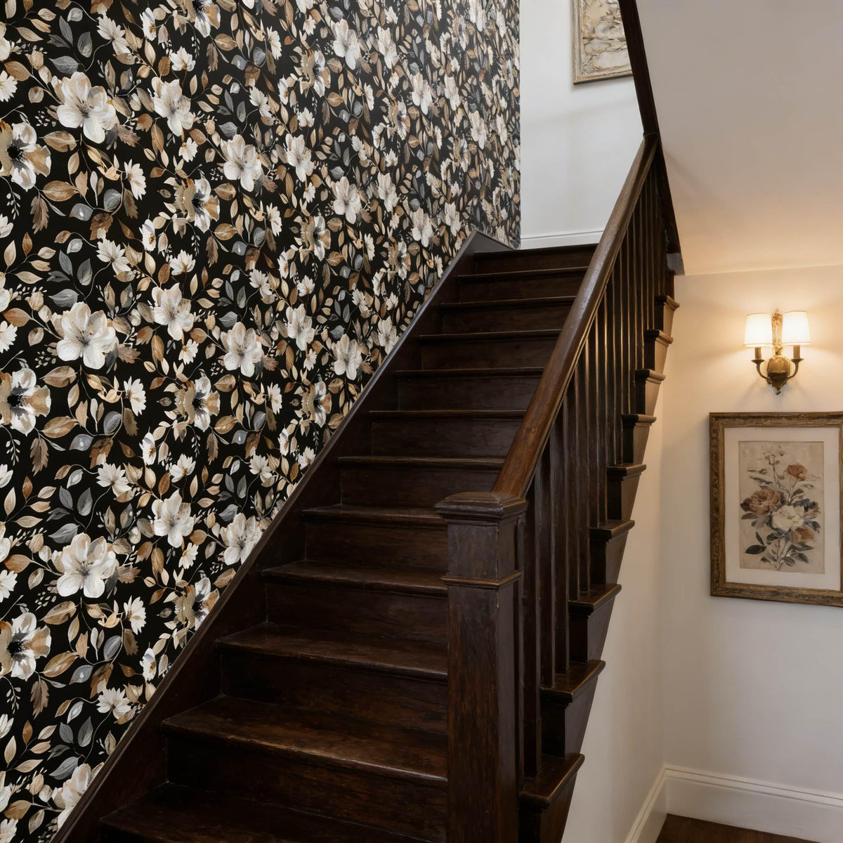 Wookmmy dark floral kitchen cabinet wrap enhances surfaces with dramatic detail.