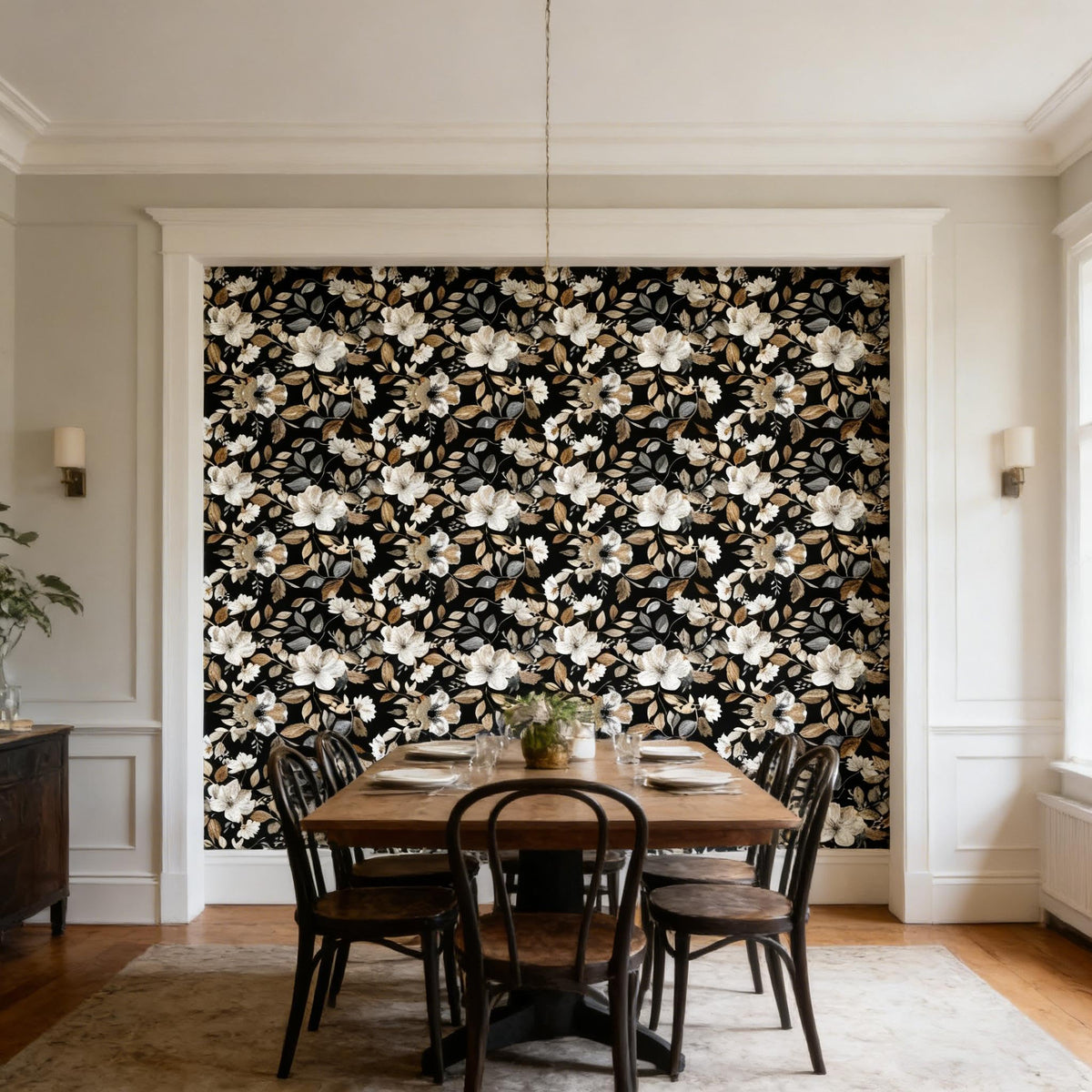 Wookmmy floral print adds timeless style to a living room accent wall.