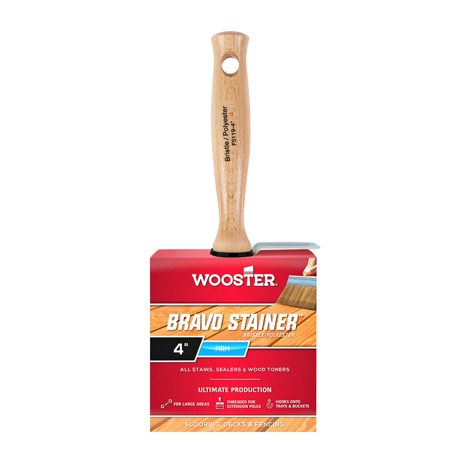 Wooster Bravo F5119-4 stainer brush blends bristle and polyester for smooth interior and exterior staining.