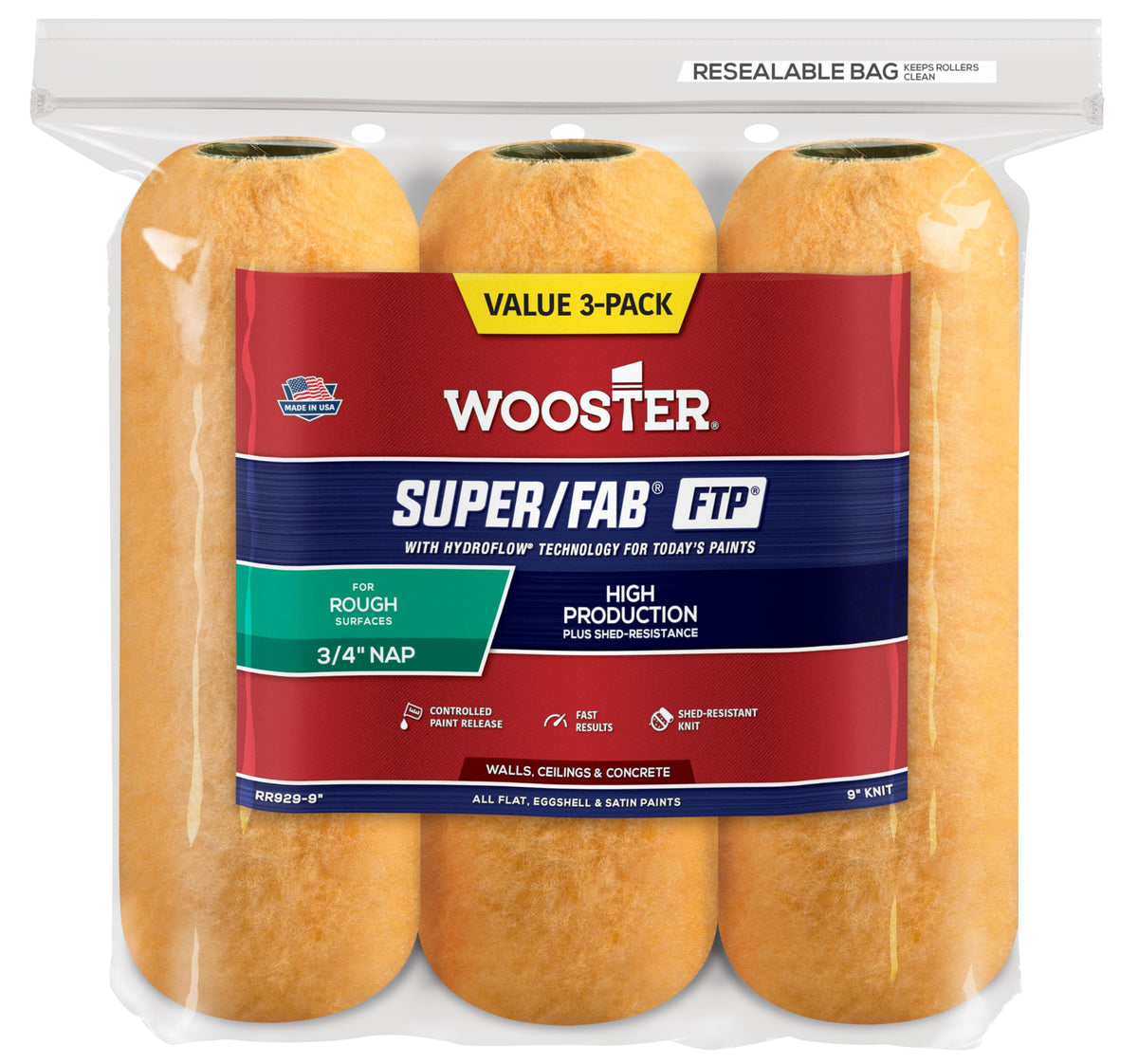 Wooster RR929-9 Super Fab FTP roller cover 3/4-inch nap delivers smooth, even coverage on varied surfaces.