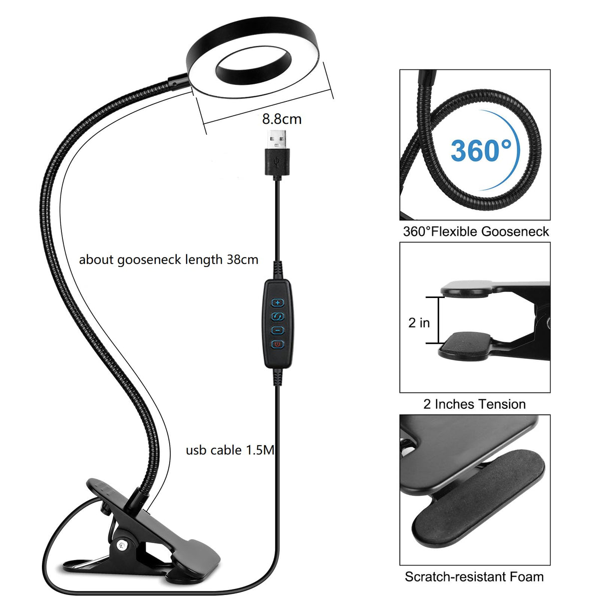 Woputne lamp neck rotates 360 degrees for versatile positioning.