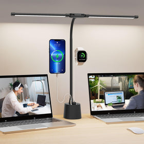 Woputne desk lamp dual-head wide-angle lighting across the workspace for reduced shadows.