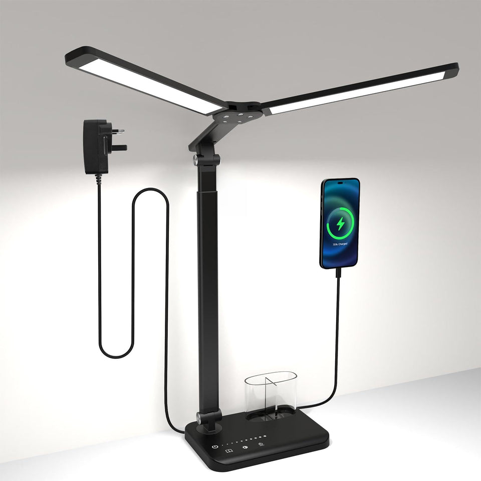 Woputne LED desk lamp with dual heads for wide-area task lighting