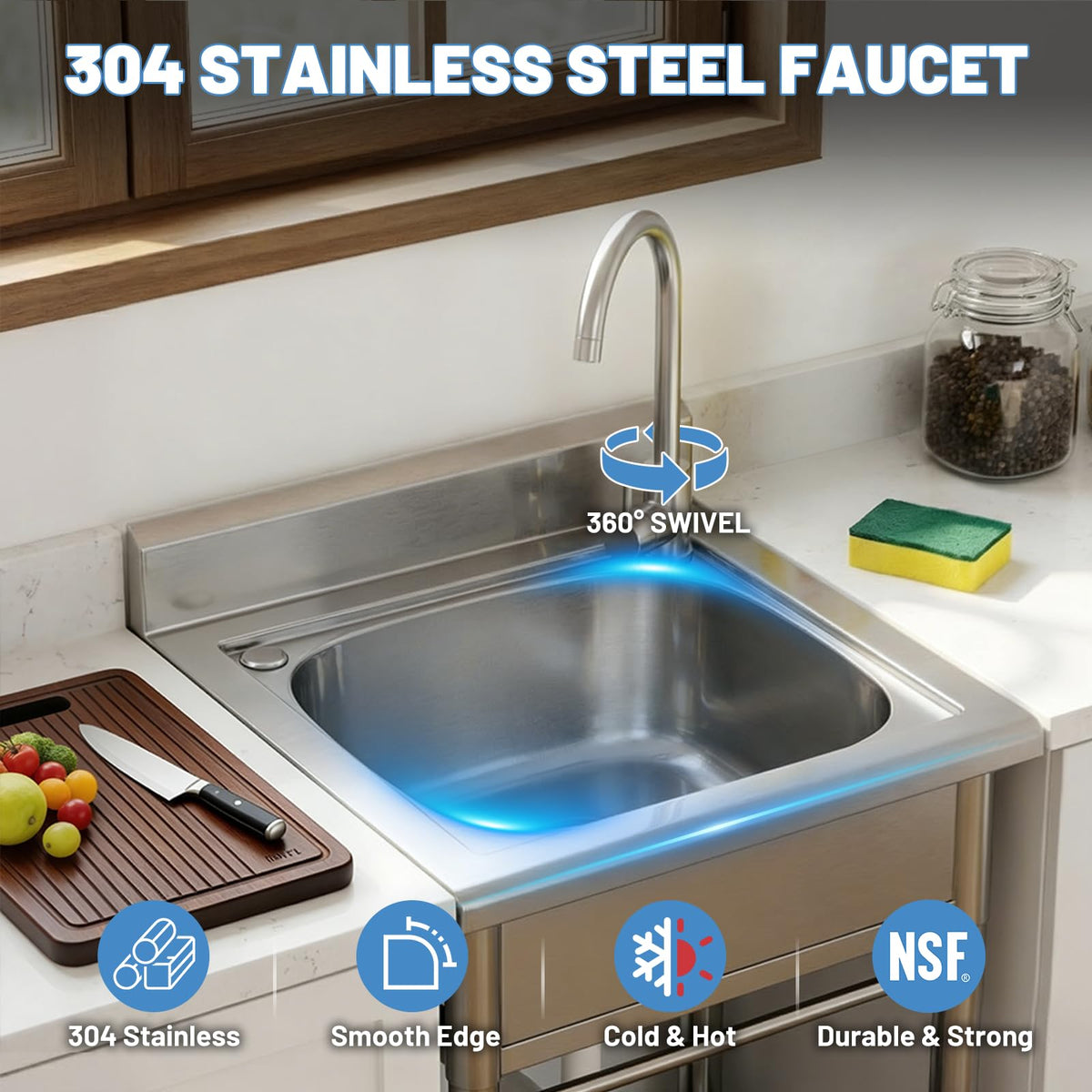 Worcest 360 degree faucet rotates for flexible access.