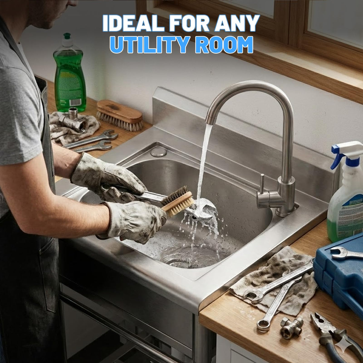 Worcest free-standing sink with height-adjustable feet for level setup.