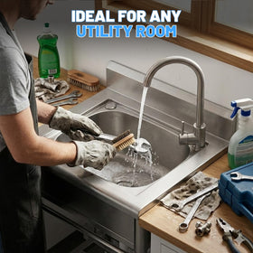 Worcest free-standing sink with height-adjustable feet for level setup.