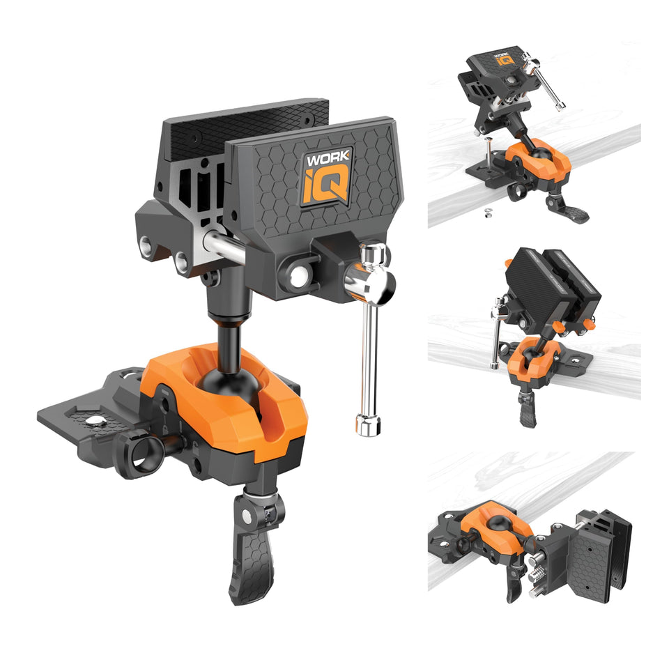 WORK IQ TOOLS 360° rotating bench vise enables precise positioning for a variety of projects.