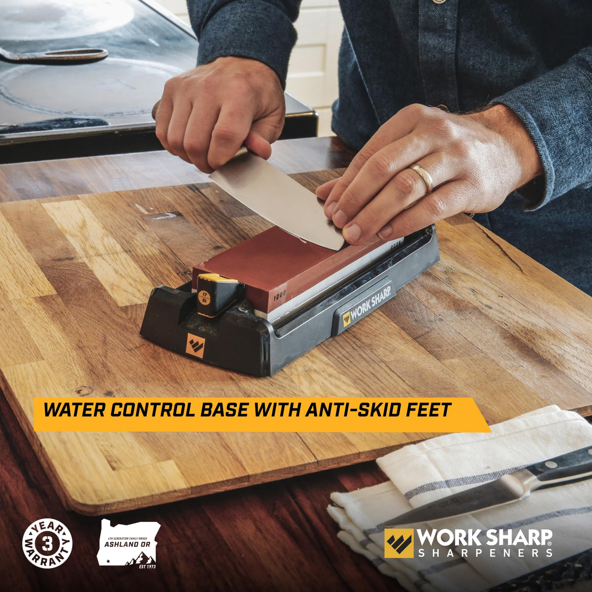 Angle guides set at 15 degrees and 17 degrees to ensure consistent bevels on blades.