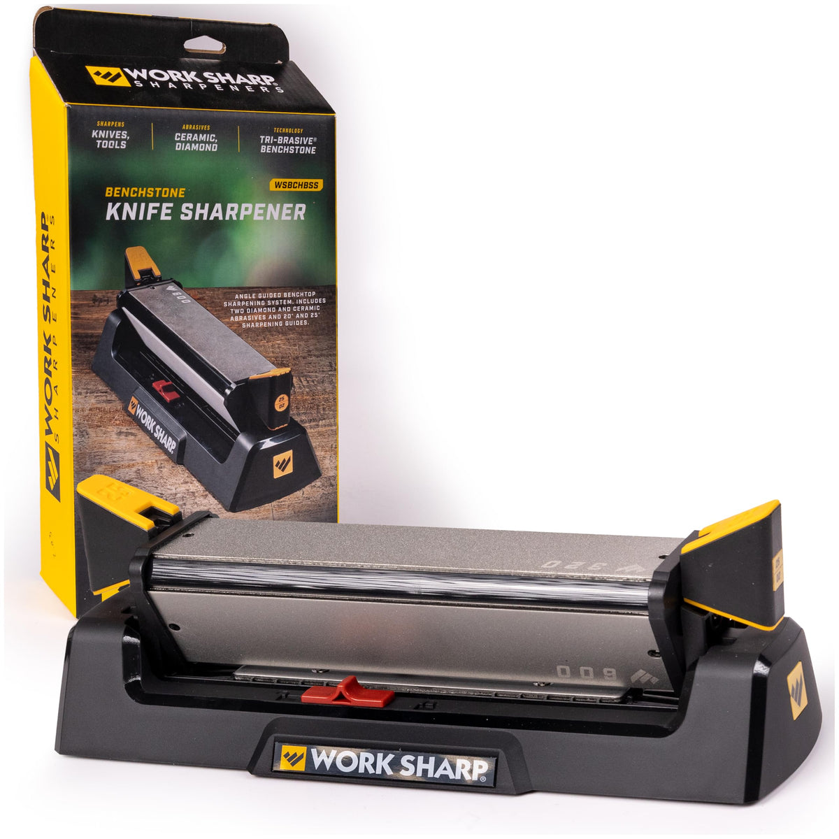 Work Sharp benchstone angle-guided 3-sided system for precise sharpening.