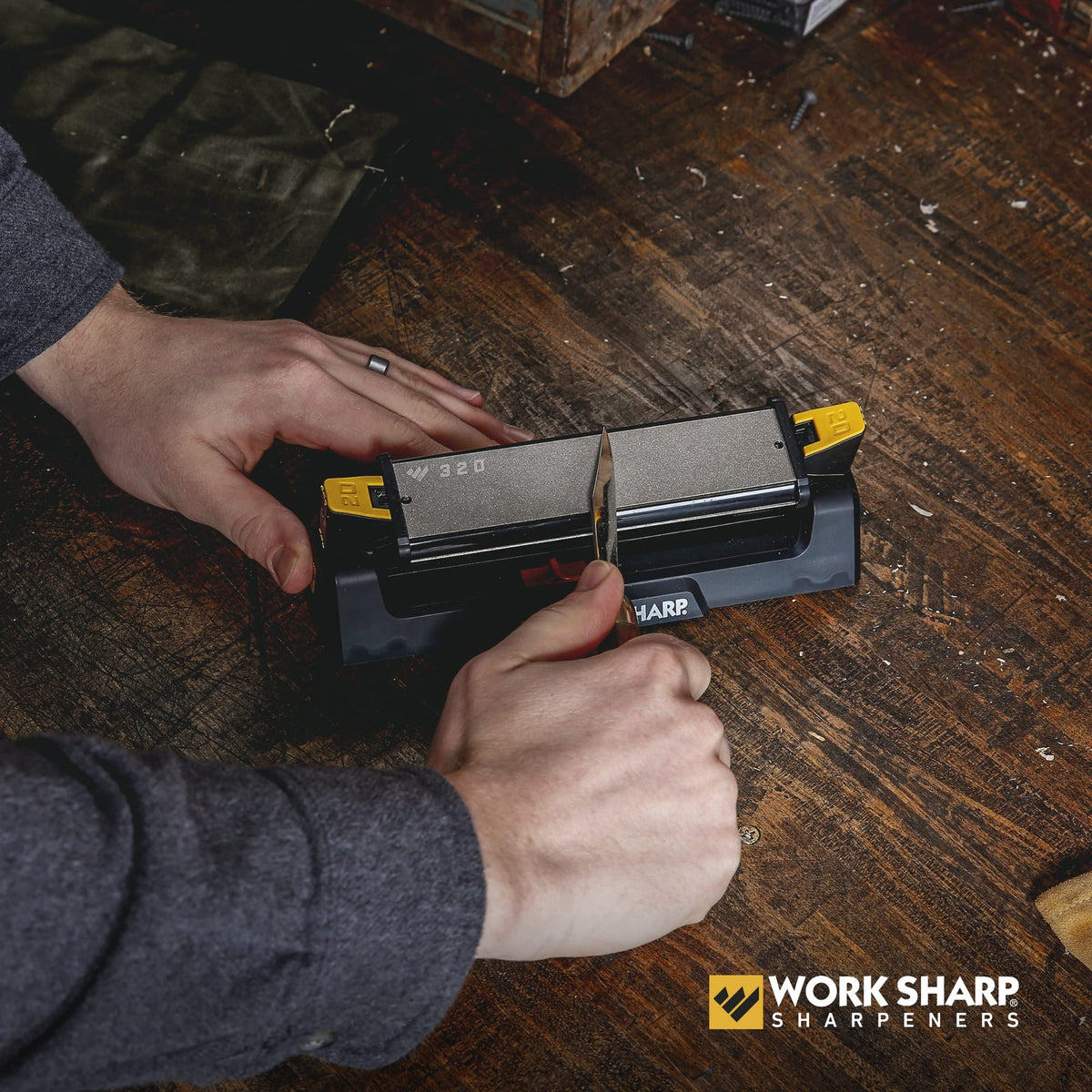 Pivot-Response can be locked for a rigid sharpening surface on Work Sharp benchstone.