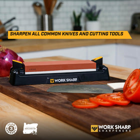 Dual-grit stone combines 1000 grit sharpen and 6000 grit honing for edge refinement.