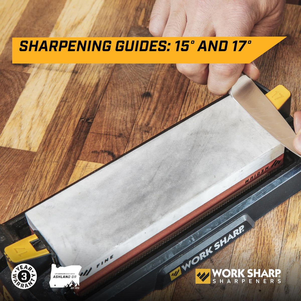 Water control base stabilizes the stone and minimizes cleanup after sharpening.