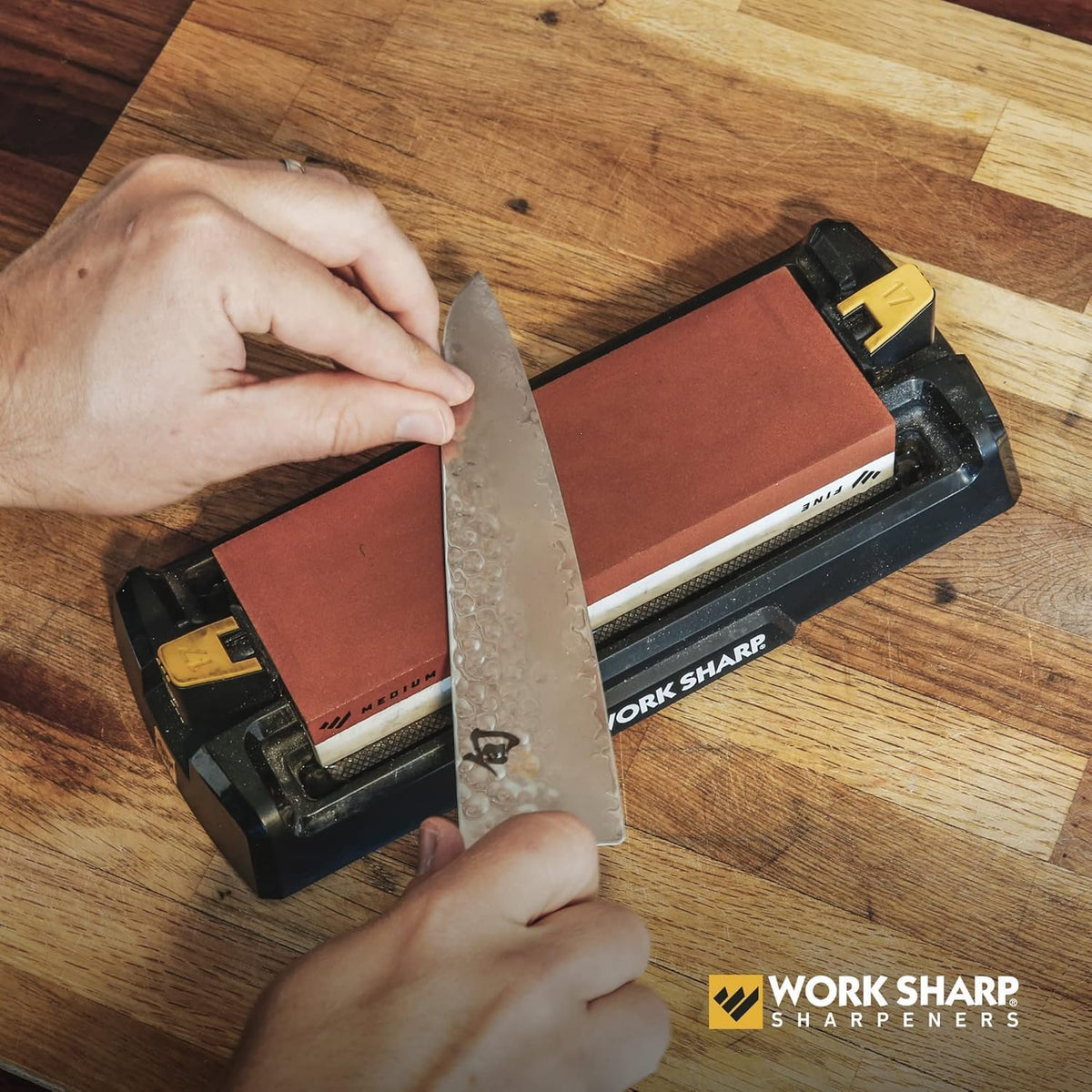 Work Sharp whetstone 1000 grit in action delivering fast sharpening for everyday kitchen knives.