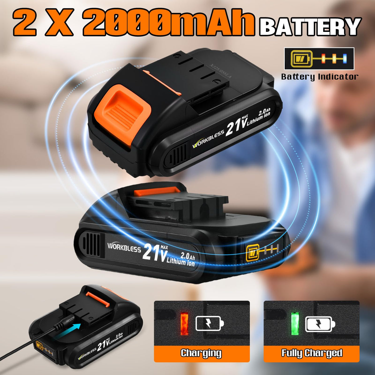WorkBless charger powers batteries quickly for DIY sessions.