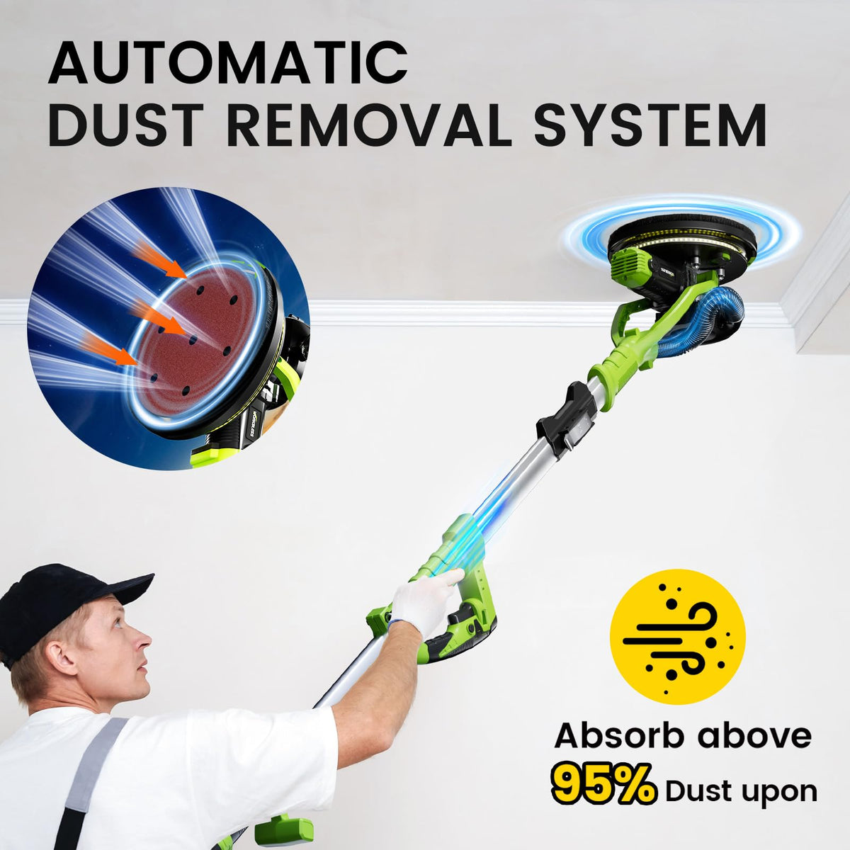 WorkBless extendable handle highlights easy reach to high ceilings and walls.