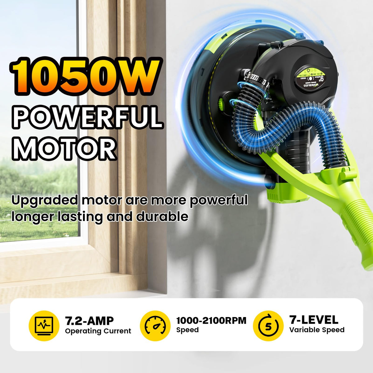 WorkBless popcorn ceiling sander showing 7-speed control for precise coating removal.