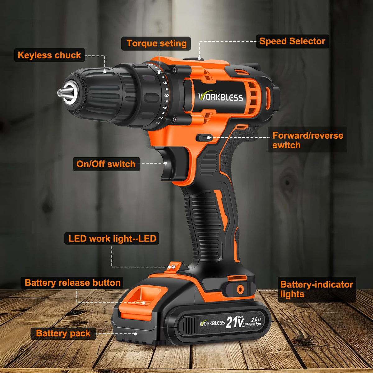 WorkBless drill with two batteries for continuous power.