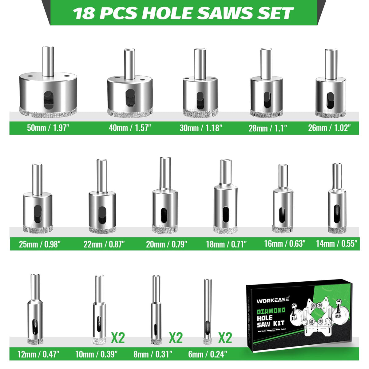 WORKEASE 6-50 mm hole sizes for versatile tile and glass installations