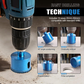 WORKEASE kit with guide jig for accurate tile drilling