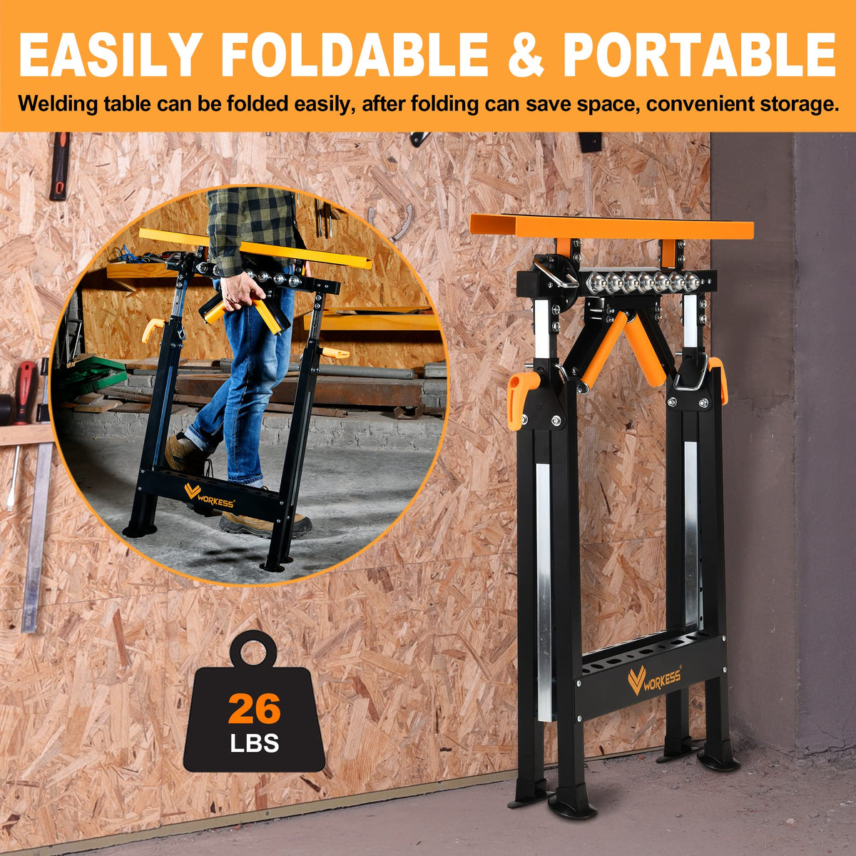 WORKESS 4-in-1 roller stand with rubber feet grips workshop floors securely