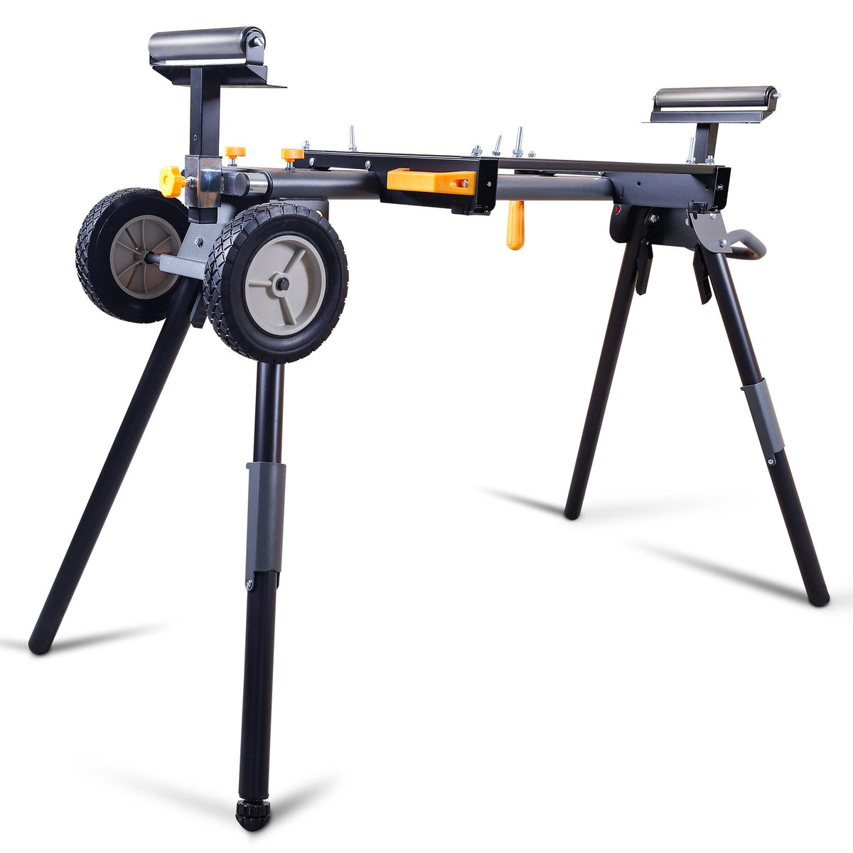 WORKESS Deluxe heavy-duty miter saw stand with extended arms for versatile cuts.