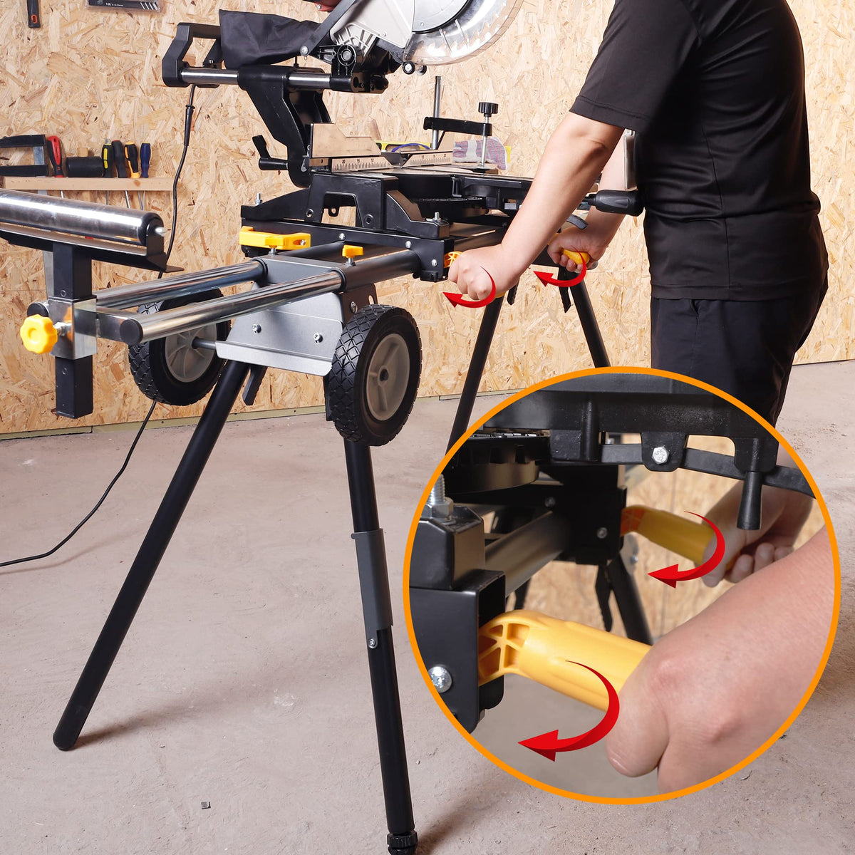 WORKESS stand demonstrates 330 lb capacity and sturdy roller supports.