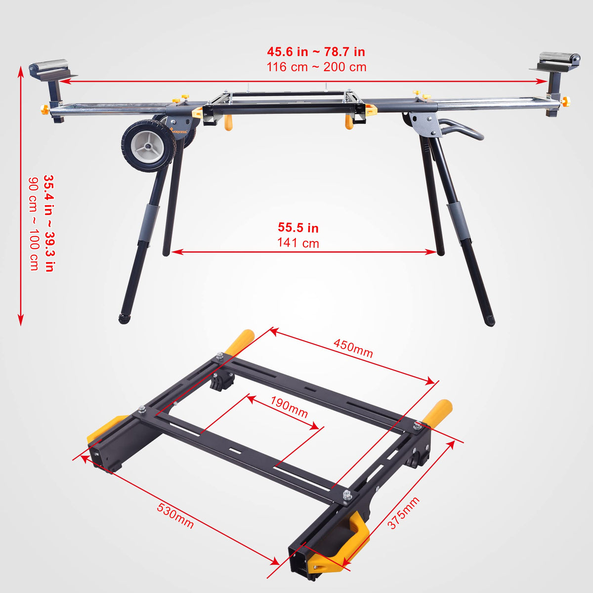 WORKESS miter saw stand showing 8-inch wheels for easy transport.