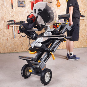 WORKESS quick-release brackets secure a miter saw to the stand.