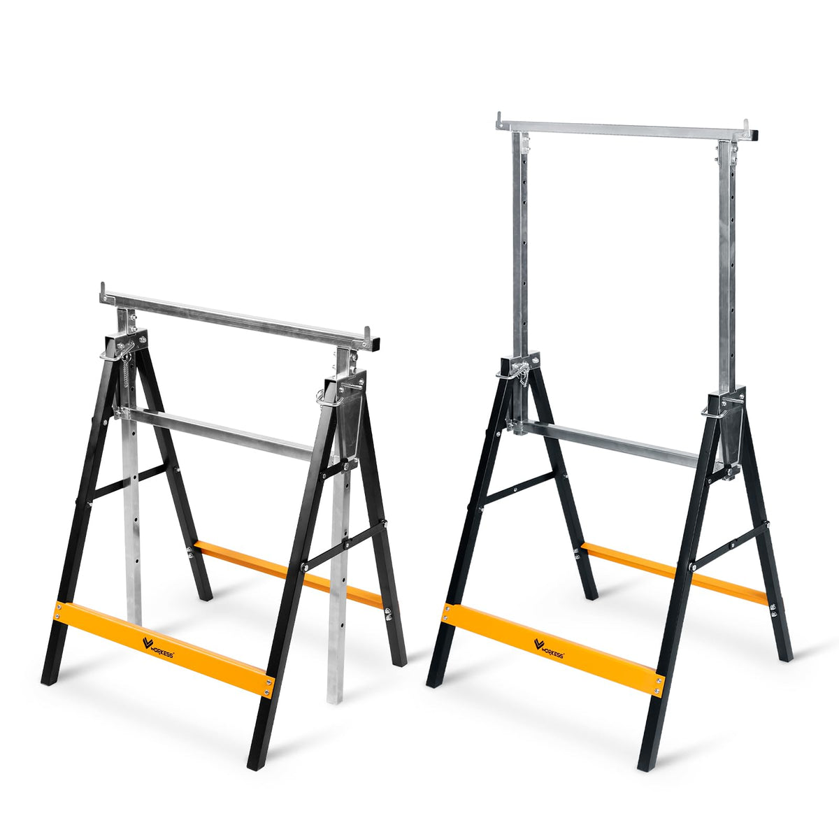 WORKESS metal sawhorses with folding legs for compact storage.