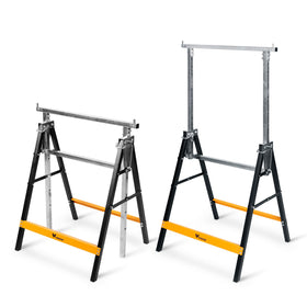 WORKESS metal sawhorses with folding legs for compact storage.