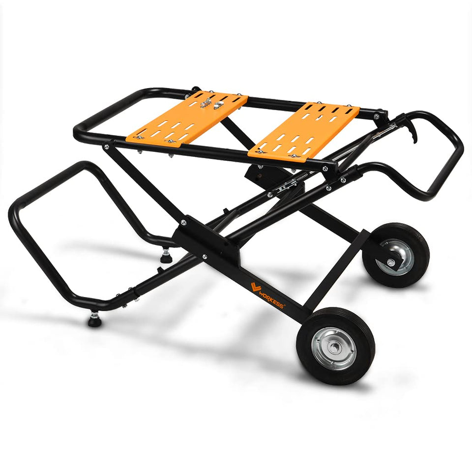 Workess portable table saw stand with wheels enables easy transport to job sites.