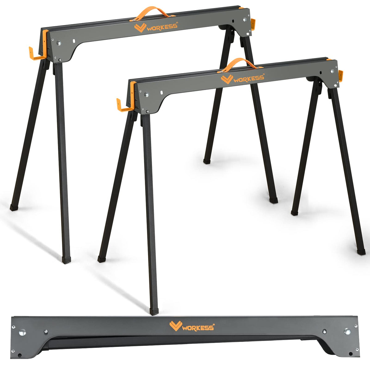 WORKESS saw horses 2-pack folded for compact storage and portability.