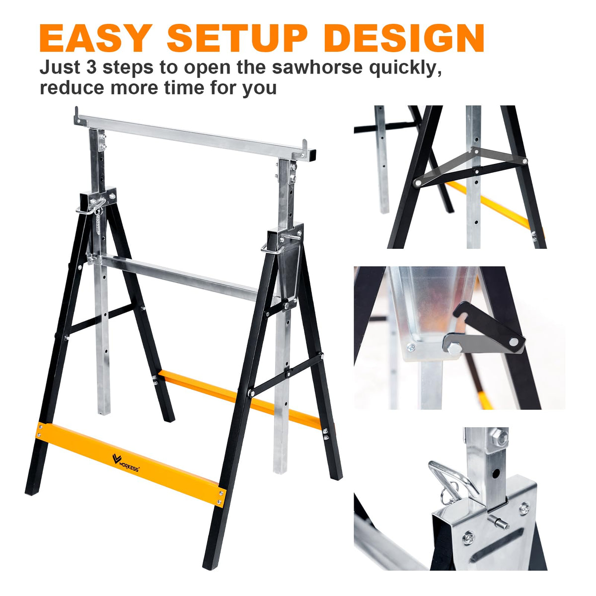 WORKESS sawhorse height adjustment at seven levels for versatile working height.