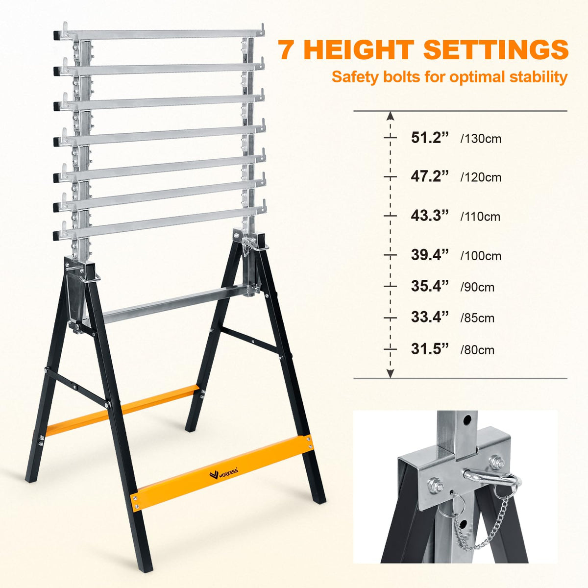WORKESS sawhorse triangular frame provides stable support.