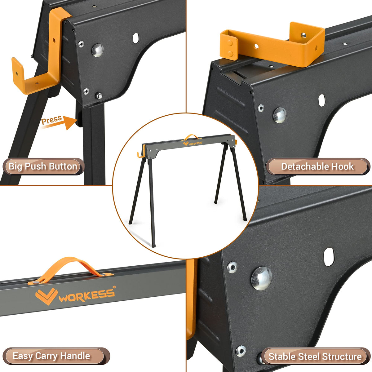 WORKESS sawhorses demonstrate 2200 lbs total capacity for heavy tasks.