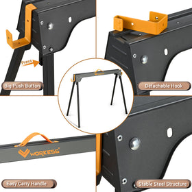 WORKESS sawhorses demonstrate 2200 lbs total capacity for heavy tasks.