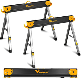 WORKESS folding-sawhorses folded for compact storage and easy transport.