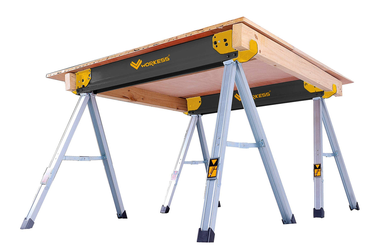 WORKESS sawhorses self-adapting-swivel-legs stabilize on uneven ground.